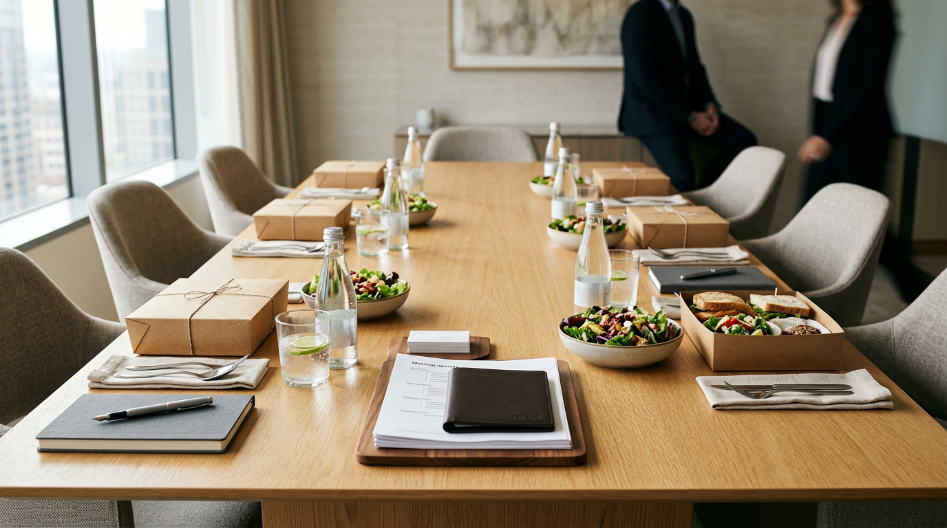 A polished business lunch table with planning notes and shared dishes